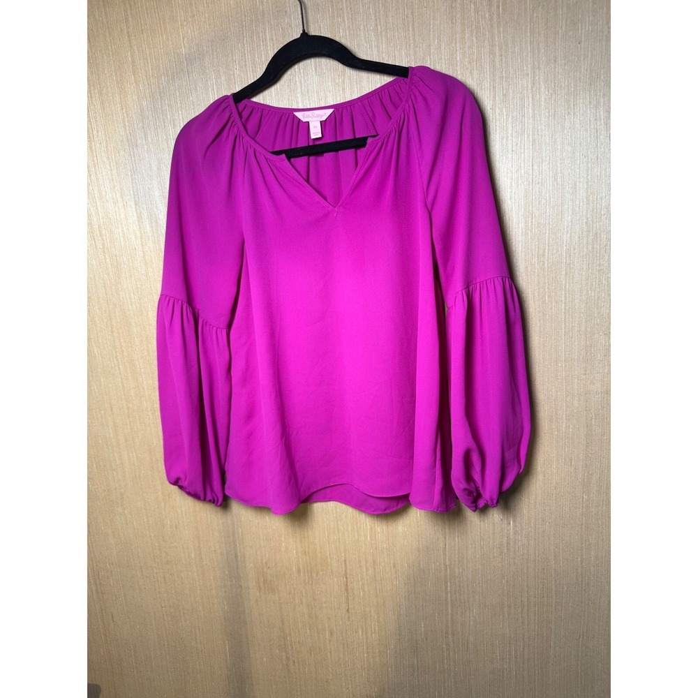 Lilly Pulitzer XS Pink‎ Blouse Top Long Balloon Sleeve V Neck Casual Womens